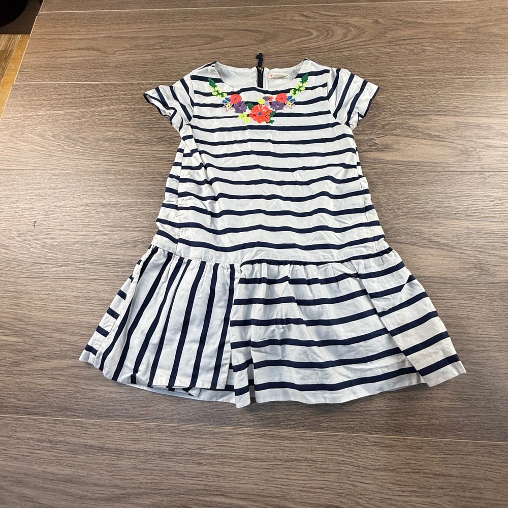 Crewcuts Girls Navy White Striped Floral Embroidered Drop Waist Dress 5 Spring